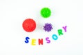 Sensory word and tactile massage ball. Sensory integration dysfunction, processing disorder.Therapy hand, development of