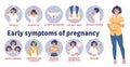 Early signs and symptoms of pregnancy vector infographic. Morning sickness, mood swings, nausea. Pregnant woman health. Royalty Free Stock Photo