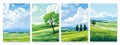 Early spring cartoon landscape posters. Green fields and mountain silhouettes, morning at meadow in valley. Graphic art Royalty Free Stock Photo