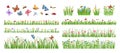 Early spring garden flowers. Forest and garden blooming plants with insects and green grass cartoon vector set Royalty Free Stock Photo