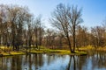 Early spring landscape of mixed forest and water ponds in Konstancin-Jeziorna Springs Park - Park Zdrojowy w Konstancinie