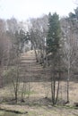 Early spring landscape with a small wild river, bare trees, reflections in the water, dry grass on the banks of the Royalty Free Stock Photo