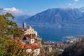 Early spring in Locarno, Ticino, Switzerland. View to Madonna del Sasso church and Lago Maggiore