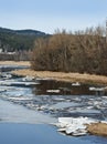 Early spring - mountain river with a flying ice