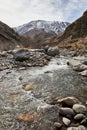 Early spring natural landscape. Snow capped mountains, boulders and rocky bank of shallow river with fast flowing water. Royalty Free Stock Photo