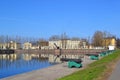 Naval combat guns - ancient artillery pieces on the embankment of the Italian Pond in Kronstadt in early spring