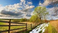 Early spring, old wooden fence along the road where the snow is parting. Rural landscape. Royalty Free Stock Photo