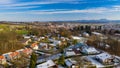 Early spring over small European town, aerial view