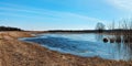 Early spring, river flood on agricultural meadows. Reflection in submerged fields covered by water. Seasonal overflow. Rural sunny