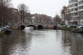 Early spring scene in Amsterdam city. Tours by boat on the famous Dutch canals. Cityscape with canal houses in Holland, Royalty Free Stock Photo