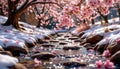 early spring stream under blossoming trees clear snowmelt flows through stones under blooming cherry branches the petals Royalty Free Stock Photo