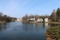 Early spring in Warsaw`s Royal Baths Park. Palace on the Water. Poland