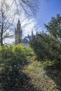 Peace Palace behind a woodland, Vredespaleis, under a pure gradient blue sky, seat of the ICJ, International Court of Justice, Royalty Free Stock Photo