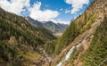 Early springtime view of the Oetztal valley as seen from the Stuibenfall waterfall in Umhausen.