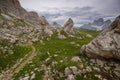 Alpine scenery of Italian Dolomites. Trail from Passo Giau to Lago di Federa