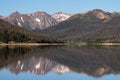 The Never Summer Mountain Range is reflected in Long Draw Reservoir, Colorado.