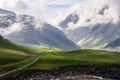 Green Alpine fields and meadows, snowy peaks in the European French Alps