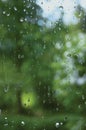 Early summer rainy day, rain drops on window glass, large detailed vertical macro closeup Royalty Free Stock Photo