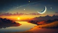 Early sunrise with crescent moon and stars. Frame on a night sky background. Occultism, magic, dark sky Border. Generative AI Royalty Free Stock Photo