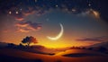 Early sunrise with crescent moon and stars. Frame on a night sky background. Occultism, magic, dark sky Border. Generative AI