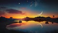 Early sunrise with crescent moon and stars. Frame on a night sky background. Occultism, magic, dark sky Border. Generative AI Royalty Free Stock Photo