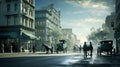 an early 20th century city with horse carriages on roads generative AI