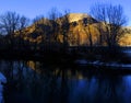 Early Winter Late Autumn Golden Mountain Reflected in River Water Snowy Ground Blue Sky Beautiful Light Royalty Free Stock Photo