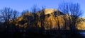 Early Winter Late Autumn Golden Mountain Reflected in River Water Snowy Ground Blue Sky Beautiful Light Royalty Free Stock Photo