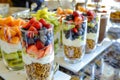 earlymorning coffee buffet with fresh fruit and yogurt parfaits Royalty Free Stock Photo