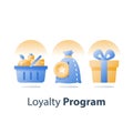 Earn bonus points, full grocery basket, loyalty program, redeem reward gift, present box, collect tokens Royalty Free Stock Photo