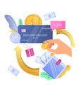 Earn cashback bonus. Cash back credit card reward, vector illustration. Cashback reward incentive program.