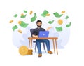 Earn money online 3D concept. Man working online with computer and coins 3D vector illustration. Freelancer making money Royalty Free Stock Photo