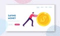 Earning, Saving and Investing Money Website Landing Page. Handsome Positive Businessman Rolling Huge Golden Dollar Coin