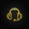 Earphone, headphone. Blue and yellow neon vector icon. Transparent background