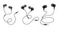 Earphones. Black headphone. Realistic audio gadget with speaker. View from different sides on mobile headset. Wire