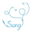 Earphones, In Ear type blue color and song text made from cable