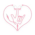 Earphones, In Ear type pink color and I Love You hand sign