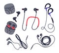 Earphones set. Wired and wireless audio equipment, music listening in-ear electronic music devices flat cartoon vector Royalty Free Stock Photo