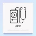 Earphones and smartphone with online music thin line icon. Modern vector illustration