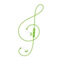 Earphones wireless and remote, In Ear type green color and Treble Clef shape made from cable