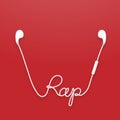 Earphones wireless and remote, earbud type white color and rap text made from cable