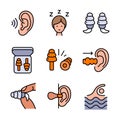 Earplugs icons set. Care device. Ear protection. Vector signs isolated on white background. Earplug symbols collection. Noise