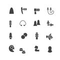 Earplugs flat glyph icons. Healthy sleep without snore, ear safety illustrations. Signs for medical store. Pixel perfect