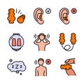 Earplugs flat icons set. Healthy sleep without snore, ear safety illustrations. Signs for medical store. Simple style symbols