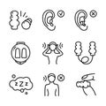 Earplugs flat line icons set. Healthy sleep without snore, ear safety illustrations. Signs for medical store. Linear style symbols Royalty Free Stock Photo