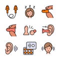 Earplugs icons set. Care device. Ear protection. Vector signs isolated on white background. Earplug symbols collection. Noise