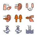 Earplugs icons set color vector. Anti-noise device. Earplugs protection Royalty Free Stock Photo