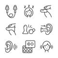 Earplugs icons set outline. Care device. Ear protection. Vector signs isolated on white background. Earplug symbols collection.