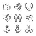 Earplugs icons set outline vector. Anti-noise device. Earplugs protection Royalty Free Stock Photo