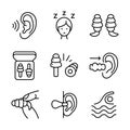 Earplugs icons set outline. Care device. Ear protection. Vector signs isolated on white background. Earplug symbols collection.
